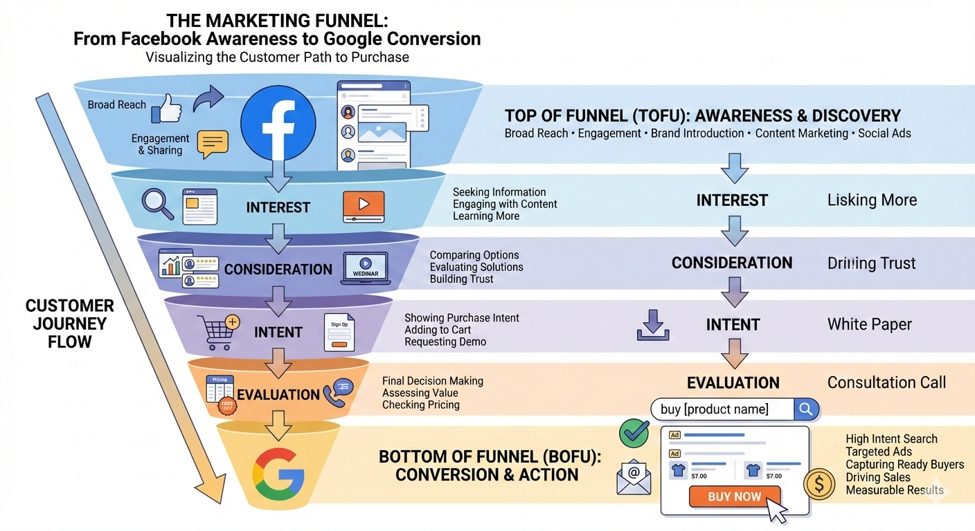 Marketing funnel infographic illustrating the customer journey from top-of-funnel Facebook awareness to bottom-of-funnel Google conversion. The graphic details stages including Awareness, Interest, Consideration, Intent, Evaluation, and Conversion.