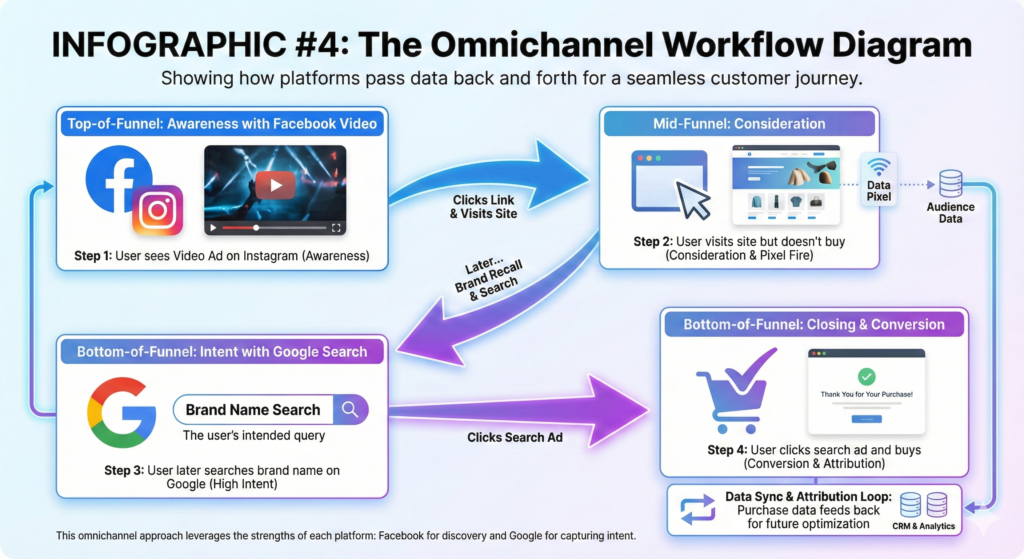 Infographic titled 'INFOGRAPHIC #4: The Omnichannel Workflow Diagram' showing a four-step customer journey. Step 1 (Top-of-Funnel: Awareness with Facebook Video): A user sees a video ad on Instagram (indicated by the Facebook and Instagram logos), creating awareness. An arrow labeled 'Clicks Link & Visits Site' points to the next step. Step 2 (Mid-Funnel: Consideration): The user visits the website but doesn't buy. A 'Data Pixel' icon connects to an 'Audience Data' database, showing data capture. An arrow labeled 'Later... Brand Recall & Search' points to the next step. Step 3 (Bottom-of-Funnel: Intent with Google Search): The user later performs a 'Brand Name Search' on Google (indicated by the Google logo), showing high intent. An arrow labeled 'Clicks Search Ad' points to the final step. Step 4 (Bottom-of-Funnel: Closing & Conversion): The user clicks the search ad and makes a purchase, shown by a shopping cart and a 'Thank You' page. A 'Data Sync & Attribution Loop' connects back to 'CRM & Analytics' and 'Audience Data' databases, indicating data is fed back for optimization. A caption at the bottom reads, 'This omnichannel approach leverages the strengths of each platform: Facebook for discovery and Google for capturing intent.