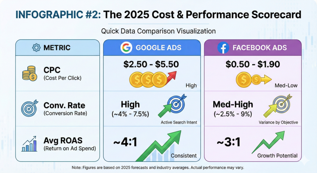 2025 Google Ads vs. Facebook Ads comparison infographic. A scorecard table comparing Cost Per Click (CPC), Conversion Rate, and Average ROAS. Google Ads shows a CPC of $2.50–$5.50 and ~4:1 ROAS. Facebook Ads shows a CPC of $0.50–$1.90 and ~3:1 ROAS.