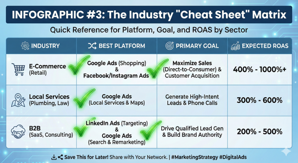 2025 Digital Marketing Scorecard comparing Google Ads and Facebook Ads. The graphic details Cost Per Click (Google: $2.50-$5.50 vs. Facebook: $0.50-$1.90), Conversion Rates, and Average ROAS (Google: ~4:1 vs. Facebook: ~3:1).